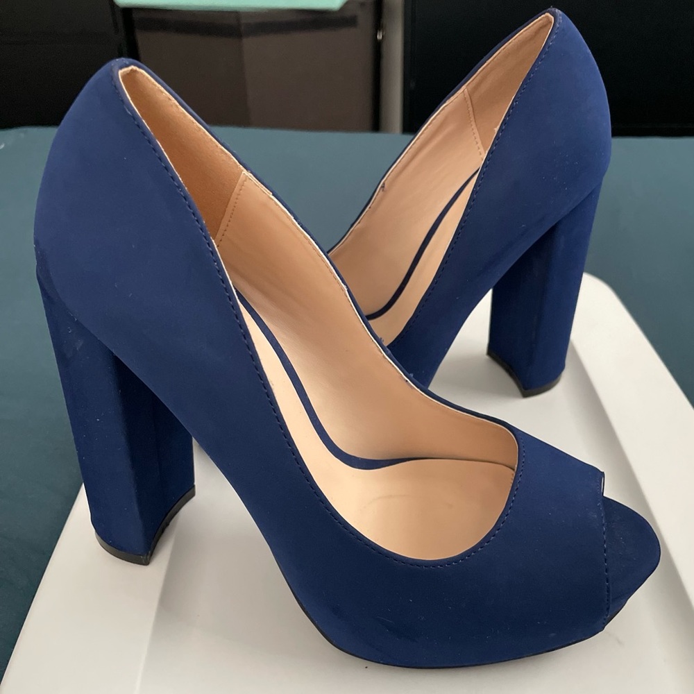 New blue peep toes block heels